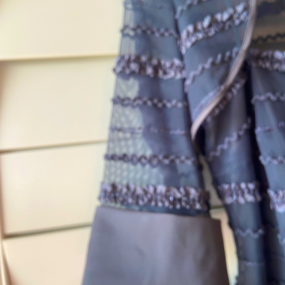 Gray Textured Sheath Dress with Sheer Overlay Jacket | Elegant Cocktail Wedding - Picture 5 of 8